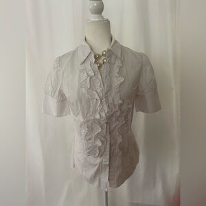 White Ruffle Button Down Blouse Moda International